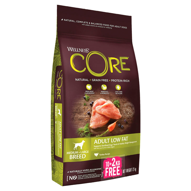 10+2 kg Gratis, CORE Adult Low Fat Medium/Large breed, Turkey